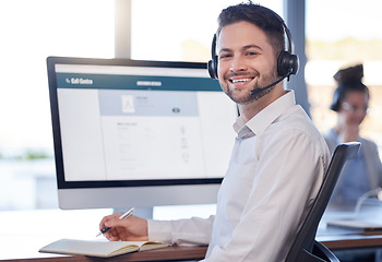 Image showing Man at call center, contact us and customer service job, employee smile and CRM, consultant in workplace. Professional, portrait and communication, male with headset with help desk and telemarketing