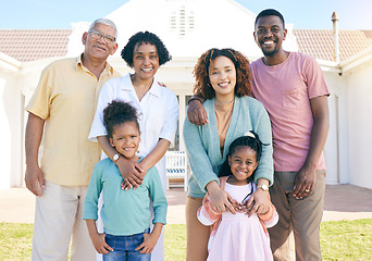 Image showing Happy portrait of an interracial family outside house with a smile, happiness and care on the lawn. Visit, together and parents, grandparents and children with love, smiling and bonding in garden