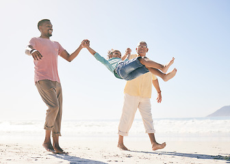 Image showing walking, love and happy family play on beach holiday for peace, freedom and outdoor quality time together. Nature sunshine, ocean sand and Jamaica children, grandparents or people smile on vacation