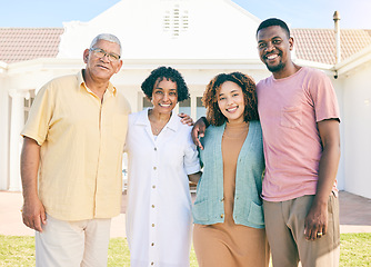 Image showing Portrait of happy family with property, new house or holiday together with senior people, mother and father. Excited biracial people hug outdoor for real estate, vacation house and retirement love