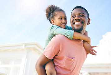 Image showing Mockup, piggy back and black father with girl, outside new house and playful family with love and happiness. African American dad carry daughter, happy child and kid with smile, fun and cheerful
