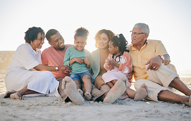 Image showing Big family, grandparents or kids at beach to relax with girls or siblings on summer holiday together. Happy African dad, mom or young children love bonding or relaxing with grandmother or grandfather