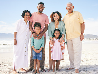 Image showing Family at beach, portrait and generations, happy people relax outdoor with grandparents, parents and kids. Happiness, smile and travel, love and care with relationship and bond on vacation in Bali