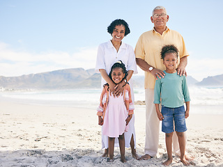 Image showing Happy family portrait, children or grandparents on beach holiday for peace, freedom or outdoor quality time. Nature mockup, ocean sea sand or Mexico kids, grandmother and grandfather bonding together