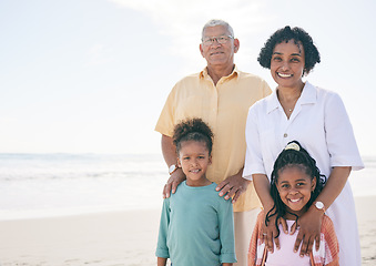 Image showing Happy family portrait, kids and grandparents on beach holiday for peace, freedom and outdoor quality time. Nature mockup, ocean sea sand or Mexico children, grandmother and grandfather smile together