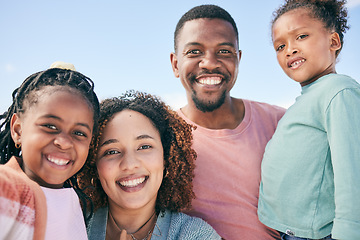 Image showing Love, blue sky portrait or happy black family on holiday for peace, freedom and outdoor quality time together. Nature sunshine, face happiness or Nigeria children, father and mother smile on vacation