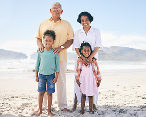 Image showing Happy portrait, love and family on beach holiday for peace, freedom and outdoor quality time together. Nature sunshine, ocean sea sand and Mexico children, grandparents or people smile on vacation