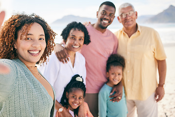 Image showing Happy portrait, selfie or family on beach holiday for peace, freedom and outdoor quality time together. Memory reunion picture, happiness or Jamaica kids, grandparents or parents smile on vacation