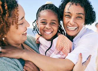 Image showing Grandmother, mom and child, portrait on beach holiday in South Africa with love, fun and freedom together. Travel, happy black family and generations, smile and bonding on vacation for women and girl