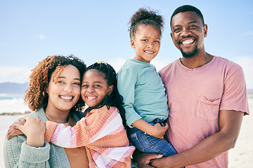 Image showing Love, beach portrait and happy black family on holiday for peace, freedom and outdoor quality time together. Nature sunshine, summer happiness or Nigeria children, father and mother smile on vacation