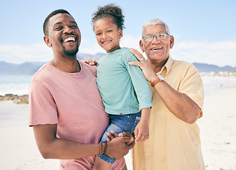 Image showing Grandfather, dad and girl, portrait on beach holiday in South Africa with love and fun together. Travel, happy black family and smile on face while bonding on summer vacation for African men and kid.