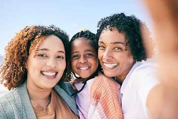 Image showing Selfie smile, beach portrait or black family on holiday for peace, freedom or outdoor quality time together. Memory photo, sunshine or happy Nigeria children, grandmother and mother smile on vacation