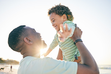 Image showing Happy dad, child and beach summer fun with a father and boy together with parent care and bonding. Outdoor, sea and holiday of a black family on vacation in nature with happiness while playing