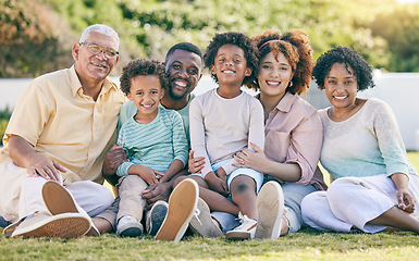 Image showing Portrait of grandparents, parents and children in garden enjoy holiday, summer vacation and weekend. Black family, happy and mother, father and kids smile for quality time, relax and bonding outdoors