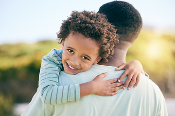 Image showing Hug, happy and portrait of a father with a child in nature for love, support and bonding in Jamaica. Smile, care and little boy hugging his dad, holding and together for quality time outdoors