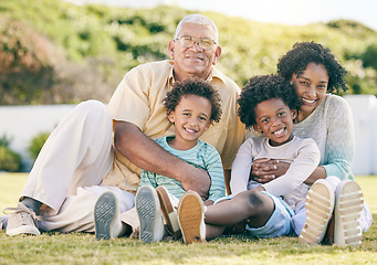 Image showing Smile, garden and portrait of children with grandparents enjoy holiday, summer vacation and weekend. Black family, happy and grandpa, grandmother and kids on grass for quality time, relax and bonding