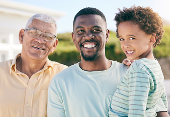 Image showing Portrait, black family with a man, boy and grandfather bonding outdoor in the garden together for love. Happy, kids or generations with a father, son and senior relative standing outside in the yard