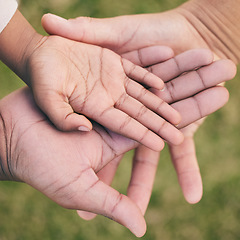 Image showing Hands palm close up, kid and parents for family, love or support in summer on vacation at park. Helping hand, solidarity and together with help, care or outdoor for quality time, bonding and stack