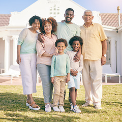 Image showing Real estate, property and portrait against family house, happy and excited for new home or relocation. Face, smile and children with parents and grandparents together for moving, dream and relocating