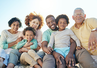 Image showing Smile, parents and portrait of children with grandparents enjoy holiday, summer vacation and weekend. Black family, travel and happy mom, dad and kids at beach for quality time, relax and bonding