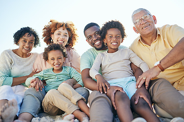 Image showing Parents, beach and portrait of children with grandparents enjoy holiday, summer vacation and weekend. Black family, happy and mom, dad and kids excited for quality time, relax and bonding on sand