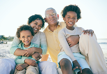 Image showing Smile, beach and portrait of children with grandparents enjoy holiday, summer vacation and weekend. Family, happy and grandpa, grandmother and kids excited for quality time, relax and bonding