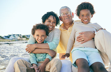 Image showing Smile, grandparents and portrait of children at beach enjoy holiday, summer vacation and weekend. Family, love and happy grandpa, grandmother and kids hug for quality time, relax and bonding