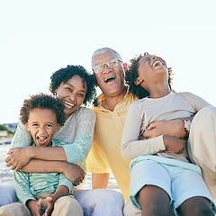 Image showing Laugh, beach and children with happy grandparents enjoy bonding, quality time and relax together. Family, smile and grandpa, grandma and kids laughing at joke on holiday, vacation and weekend