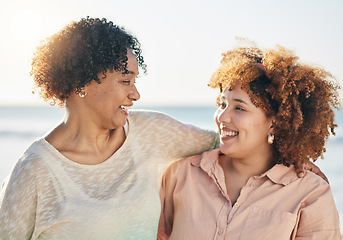 Image showing Family, mother and adult daughter hug with smile and happiness outdoor, travel and adventure on vacation. People at beach, happy women and love, care and support, relationship and freedom in the sun