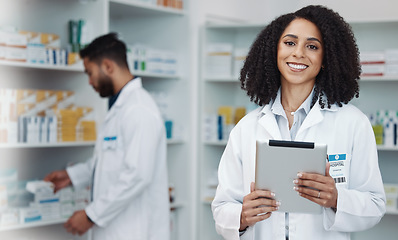 Image showing Smile, tablet and portrait of woman pharmacist with online checklist and happy to help with advice. Confidence, medicine and medical professional and healthcare consultant in wellness pharmacy.