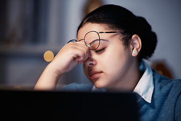 Image showing Night, entrepreneur and woman with headache, burnout and overworked in workplace, deadline and mental health. Female employee, consultant and manager with stress, migraine and frustrated with fatigue