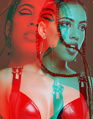 Image showing Black woman, punk face and reflection in studio with makeup, creative beauty and shadow with rgb. Young gen z model, psychedelic and art deco with facial cosmetic, dark aesthetic and double exposure