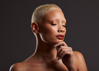 Image showing Skincare, makeup and face of black woman, eyes closed and dark studio with platinum hair. Art aesthetic, cosmetics and beauty, African model isolated on grey background with glowing spa skin facial.