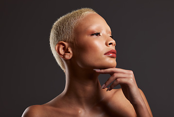 Image showing Beauty, makeup and profile of black woman in dark studio with platinum hair isolated on grey background. Art aesthetic, cosmetics and face of beautiful African model with luxury spa facial skin care.