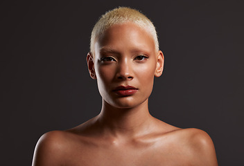 Image showing Beauty, makeup and portrait of black woman in dark studio with platinum hair isolated on grey background. Art aesthetic, cosmetics and face of African model in skin glow and luxury spa facial promo.