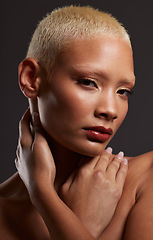 Image showing Portrait of black woman, dark studio and makeup, platinum hair and beauty isolated on grey background. Skincare, art aesthetic and cosmetics, beautiful African model in skin glow and edgy spa facial.