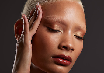 Image showing Beauty, makeup and lipstick, face of black woman in dark studio with platinum hair isolated on grey background. Art aesthetic, cosmetics and beautiful African model in skin glow and luxury spa facial