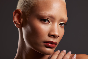 Image showing Skincare, makeup and zoom, face of woman in dark studio with serious expression isolated on grey background. Art aesthetic, cosmetics and portrait of model in skin care glow and luxury spa facial.