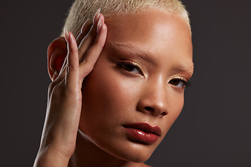 Image showing Beauty, makeup and lipstick, portrait of black woman in dark studio with platinum hair isolated on grey background. Art aesthetic, cosmetics and African model with hand on face and luxury spa facial.