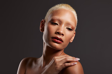 Image showing Beauty, makeup and cosmetics, face of black woman in dark studio with platinum hair isolated on grey background. Art aesthetic, skincare and beautiful African model in skin glow and luxury spa facial