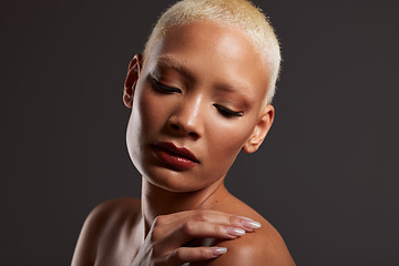 Image showing Beauty, makeup and face of black woman with eyes closed in dark studio with platinum hair isolated on grey background. Art aesthetic, cosmetics and beautiful African model with glowing skin facial.