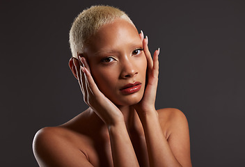 Image showing Makeup, cosmetics and skincare, portrait of black woman in dark studio with platinum hair style isolated on grey background. Art, aesthetic and relax, African model in skin glow and luxury spa facial