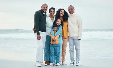 Image showing Portrait of grandparents, parents and children on beach enjoy holiday, travel vacation and weekend together. Happiness, nature and happy family smile for bonding, quality time and relaxing by sea