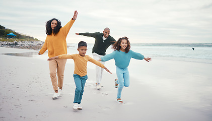 Image showing Airplane, parents and children play on beach enjoying holiday, travel vacation and weekend together. Happy family, nature and mother, father and kids running for bonding, quality time and love by sea