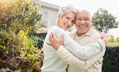 Image showing Happy, love and hug with portrait of old couple for bonding, support and retirement. Smile, affectionate and embrace with senior man and woman in backyard of home for proud, confidence and marriage