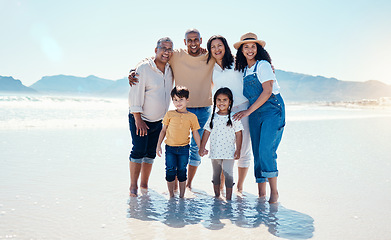 Image showing Portrait, beach and black family with mockup outdoor in nature together on vacation during summer. Happy, smile or love with children, parents and grandparents bonding on the coast for a holiday