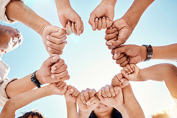 Image showing Hands, family and unity with a group of people in a huddle outdoor in nature during summer together. Sky, love or solidarity with parents, grandparents and children standing in a circle from below