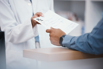 Image showing Pharmacy, prescription and hands of pharmacist with paper for patient pills, medical products and medicine. Healthcare, hospital and customer giving woman script for antibiotics, drugs and medication