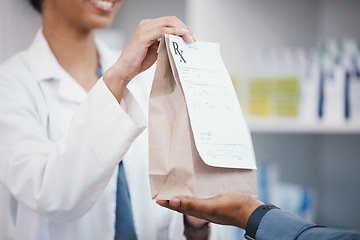 Image showing Pharmacy, product and pharmacist giving customer bag for pills prescription, medical supplements and medicine. Healthcare, dispensary and woman help man with medicare package, drugs and medication