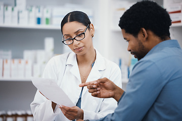 Image showing Pharmacy, reading prescription and pharmacist with customer for pills, medical supplements and medicine. Healthcare, hospital and woman help man with pharma script, drugs and medication in dispensary